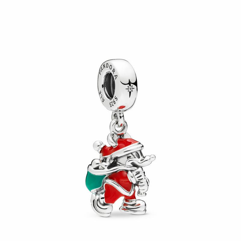 Pandora Disney Santa Mickey & Gift Bag Dangle Charm Ireland - Sterling Silver/Enamel/Green/Cubic Zir